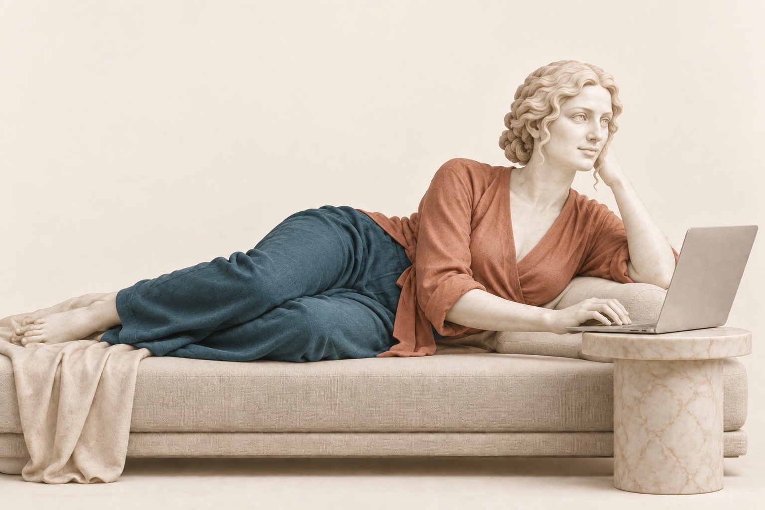 Figura femminile immaginaria in marmo distesa sul divano, con blusa terracotta, pantaloni blu petrolio e un portatile sul tavolino.