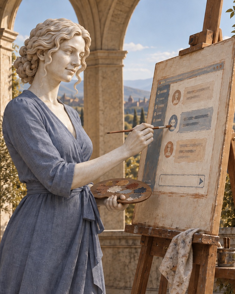 Figura femminile in pietra dipinge l’interfaccia di un assistente AI.